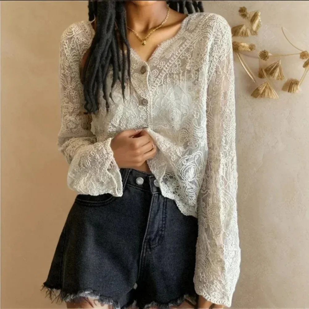 AZ Chic Lace Embroidered Button Up Long Sleeve Blouse